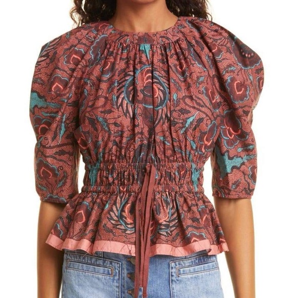 Ulla Johnson Denisa Carmine Blouse Half Sleeve Top Tie Waist - Picture 1 of 5